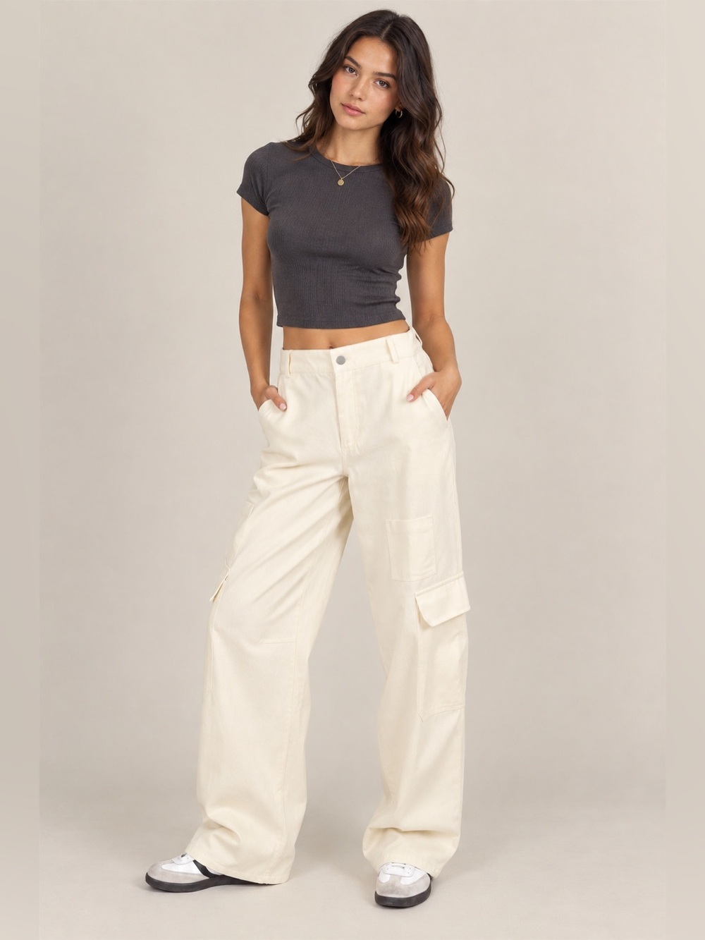 Mandalay & Co. Cream Wide Leg Cargo Pants High Waist Pocket Relaxed Trouser SML